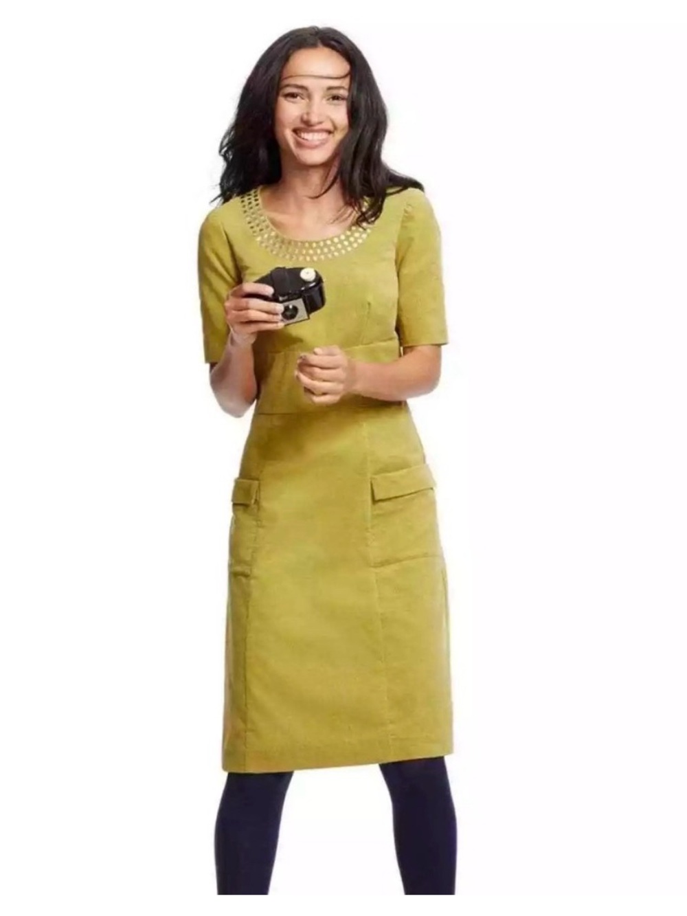 Boden Yellow Corduroy Embroidered Shift Dress Pockets US 12R